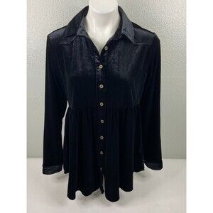 Umgee Women Small Black Velvet Dress Button Front Short Casual Loose Fitting